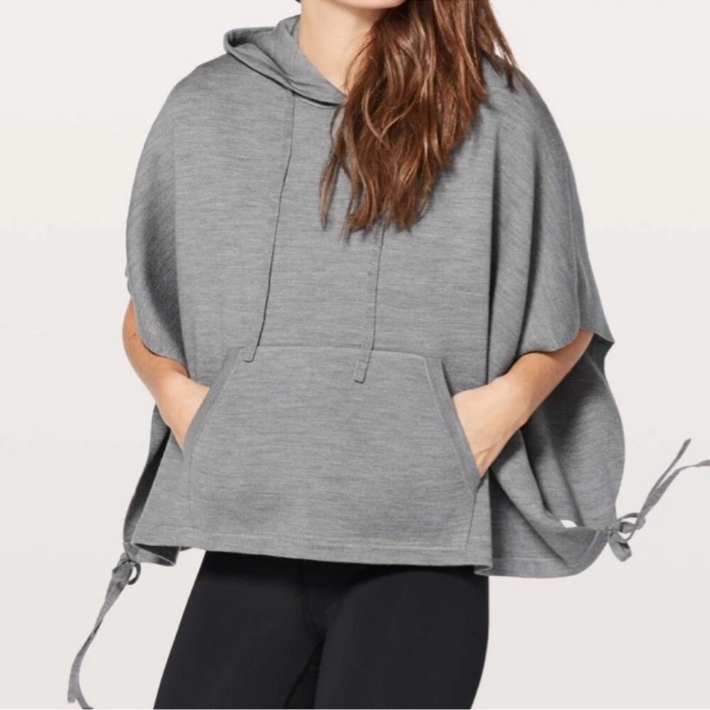 Lululemon All In A Day Hooded Poncho Gray Merino Wool Cropped Tie Hem Sweater